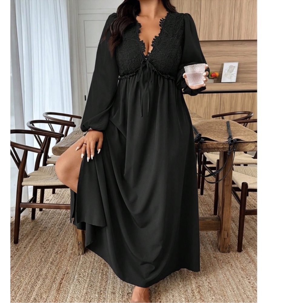 Plus Bohemian Black Lace V Neck Maxi Dress 1X 2X 3X 4X